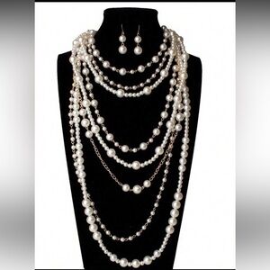 Multi-Strand White Pearl and Gold Chain Necklace - Women Jewelry